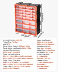 VEVOR 39-Drawer Storage Organizer Plastic Drawer Parts Storage Cabinet Stackable