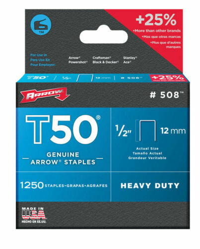 ARROW T50 GENUINE STAPLES 1/2-INCH 1250 PACK #508 BRAND MADE IN USA 4479192