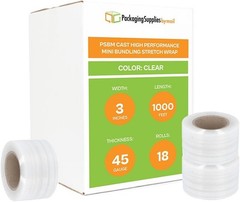 18 Rls (45 Ga) 3″x1000′ Clear Cast Stretch Wrap Shrink Film + One Plastic Handle