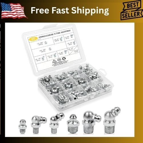 Metric Grease Fittings Kit, 60 Pcs Hydraulic Grease Zerk Assortment Kit