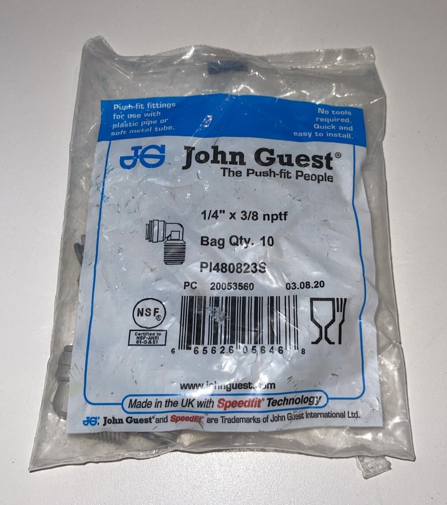 John Guest Right Elbow Speed-Fit PI480823S 1/4” Tube OD x 3/8” NPTF 10 Pack