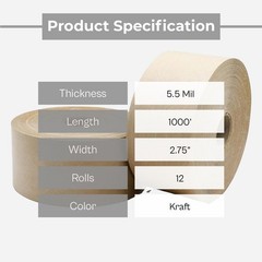 2.75″ x333 Yd Wolverine Reinforced Kraft Water Activated Gum Tape 12 Rls 5.5 Mil