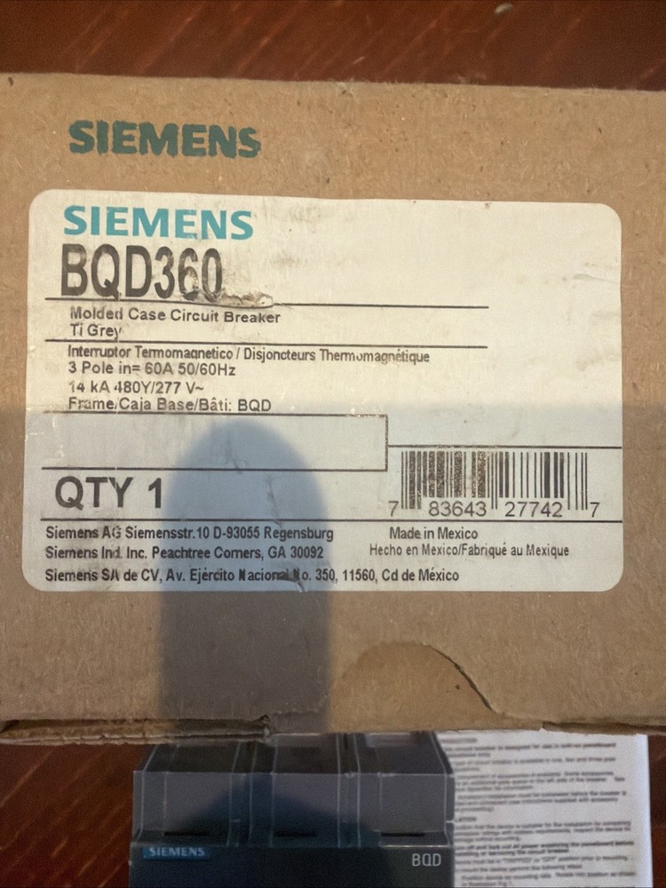 Siemens BQD360 Circuit Breaker 60A 480V 3-Pole Bolt-On. Free Shipping