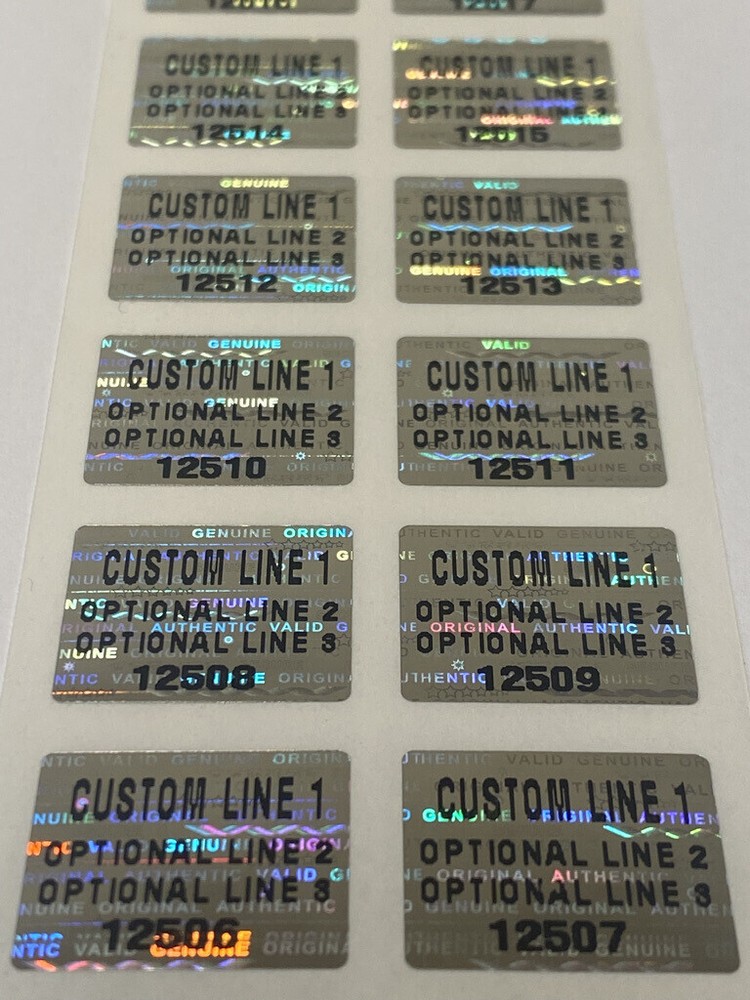 1000 CUSTOM PRINTED TAMPER EVIDENT SILVER HOLOGRAM LABELS STICKERS .75 X .60 IN.
