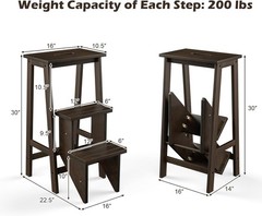 Costzon Folding 3-Step Stool, 3-in-1 Wooden Ladder with Handles