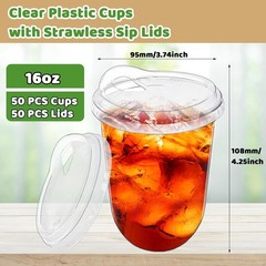 50-Pack 16oz Clear PET Cups w/Strawless Lids for Iced Coffee & Cold Drinks