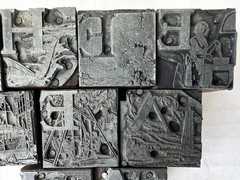 Vtg Type Set Print Block Letter Nautical Illustrated People Dining Cooking Scene