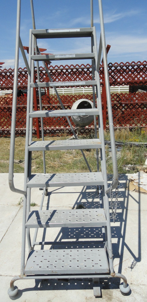 8 Step Steel Rolling Ladder Top Step W/ Handrails & Lock Step 9’3″