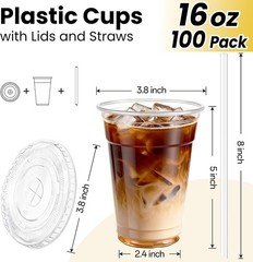 100x 16oz Clear Plastic Cups w/Lids & Straws, Heavy Duty Cold Drink