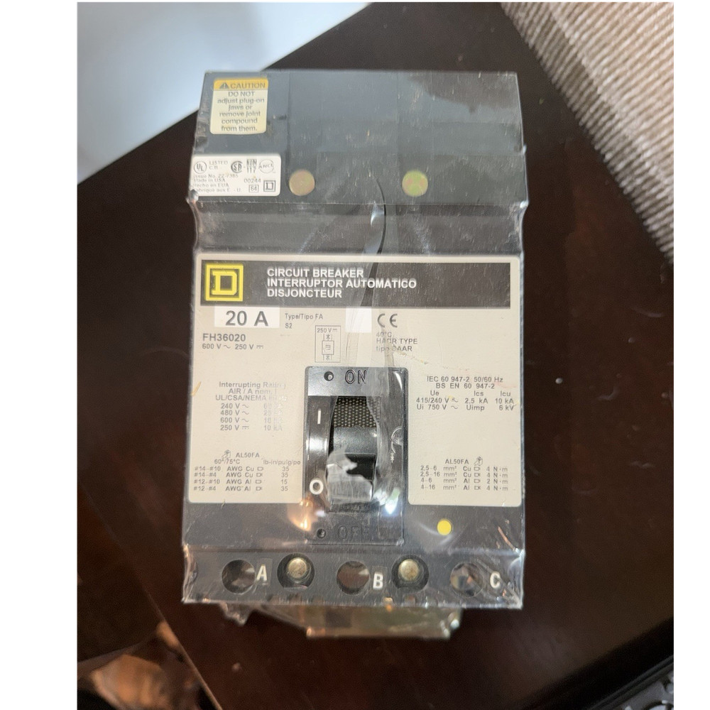 Square D FH36020 Circuit Breaker 20A 3-Pole 551-600V AC/DC Thermal Trip
