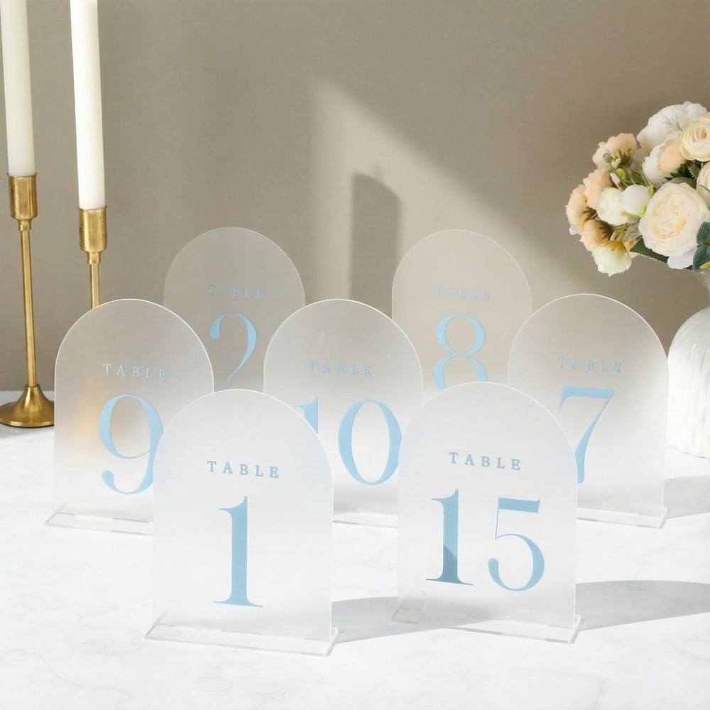 15 PCS 5×7 Inch Dusty Blue Frosted Arch Wedding Table Numbers 115 Stands