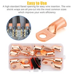 10×1/0 AWG Gauge Copper Lugs + 10xHeat Shrink Ring Terminals Wire Connectors Kit