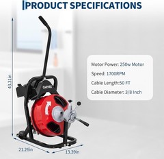 50ft x 3/8″ Electric Drain Cleaner Machine Auto Feed 4 Cutter Sewer Snake Auger