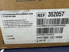 Falcon 352057 14mL Polystyrene Round-Bottom Tubes 17x100mm Exp 2027, Case of 500