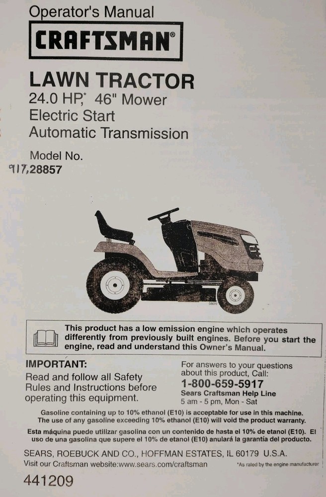 Sears Craftsman YT4000 Hydro 24.0 h.p. 46″ Lawn Tractor 917.288570 Owners Manual
