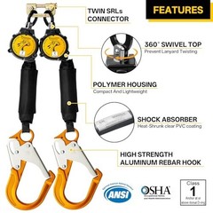 TRSMIMA 6FT Twin Leg Self Retracting Lanyard for Roofing and Construction