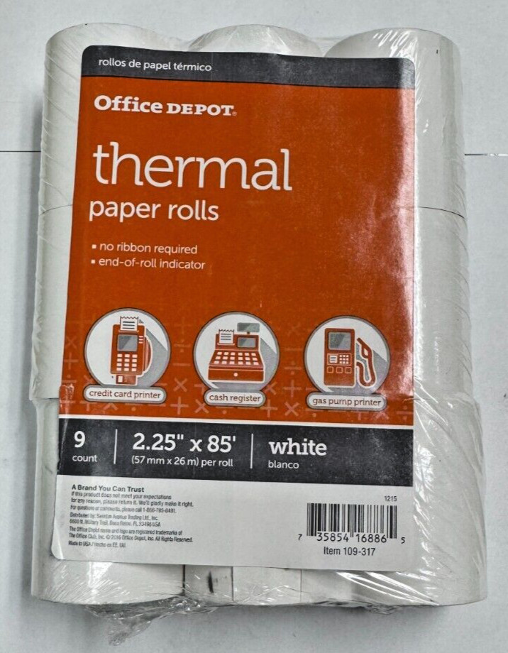Thermal Paper Rolls, 2 1/4in. x 85ft., White, Pack Of 9, 109317