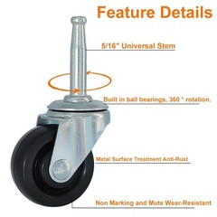 1-1/2 Inch Vintage Antique Swivel Caster Wheels, Rubber Casters 5/16 Inch x 1-1/
