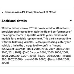 Dorman 742-449 Front Passenger Side Power Window Lift Motor for Chevy GMC Isuzu