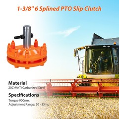 PTO 1 3/8″ Slip Clutch 6 Spline/Smooth Round Ends Carburized Steel 900 nm Torque