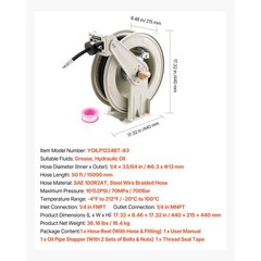 Uimoso Retractable Grease Hose Reel 1/4 in x50 ft with Spring-Driven Auto Rewind