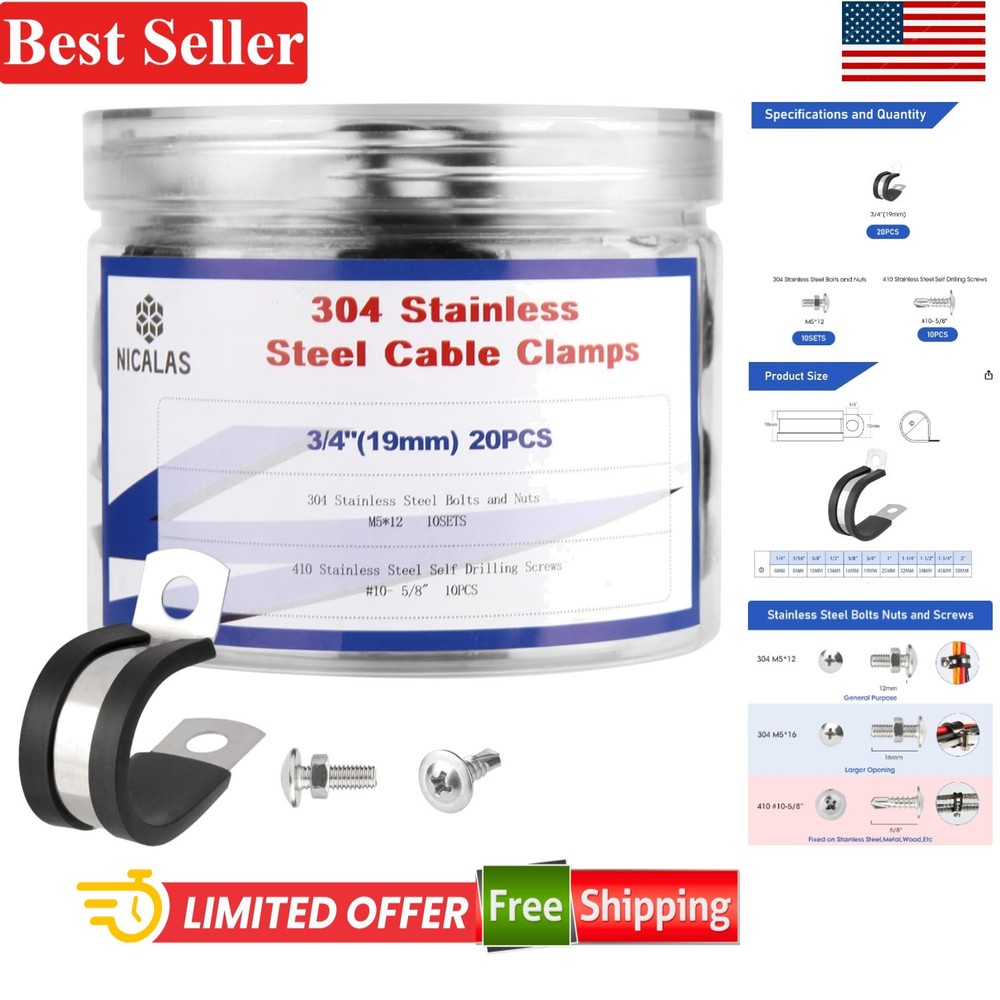 Stainless Steel Cable Clamps Kit 3/4 Inch 50 Pcs with Screws for Wires Pipes