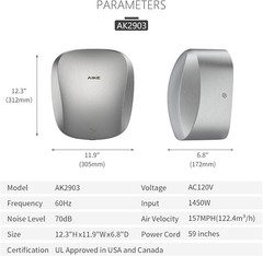 AIKE AK2903 Heavy Duty Commercial Hand Dryer with Hepa Filter Brushed Stainle…