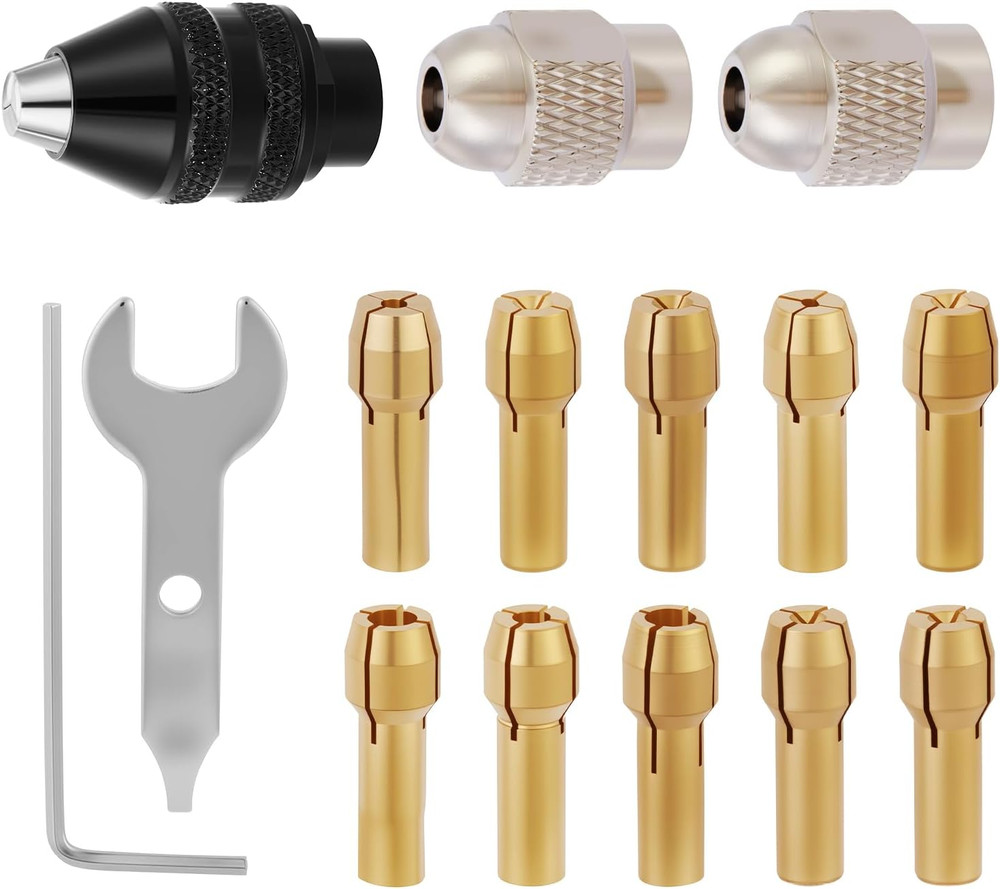 15pc Rotary Tool Collet Set – Keyless Chuck & Brass Collets for 4486 4485
