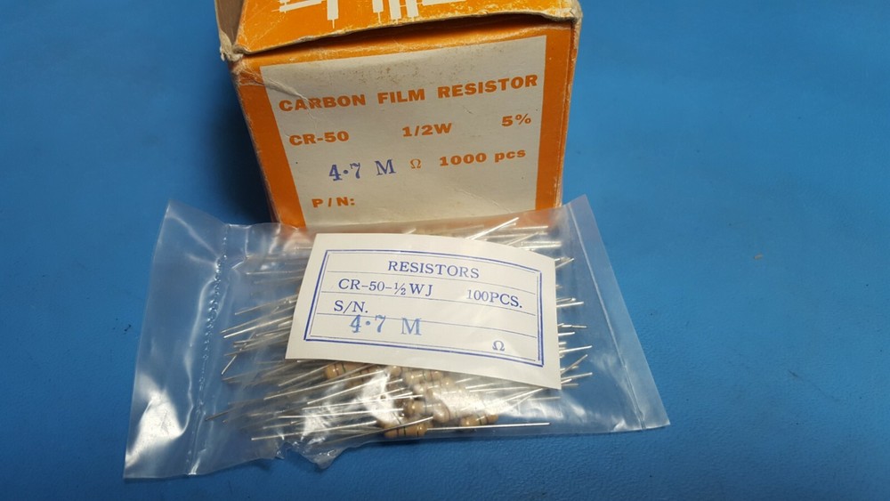 200pcs,Resistor, Color Band, Carbon Film, 4.7M Ohm, 1/2W, 5%, CR-50-4.7M-1/2W-5%