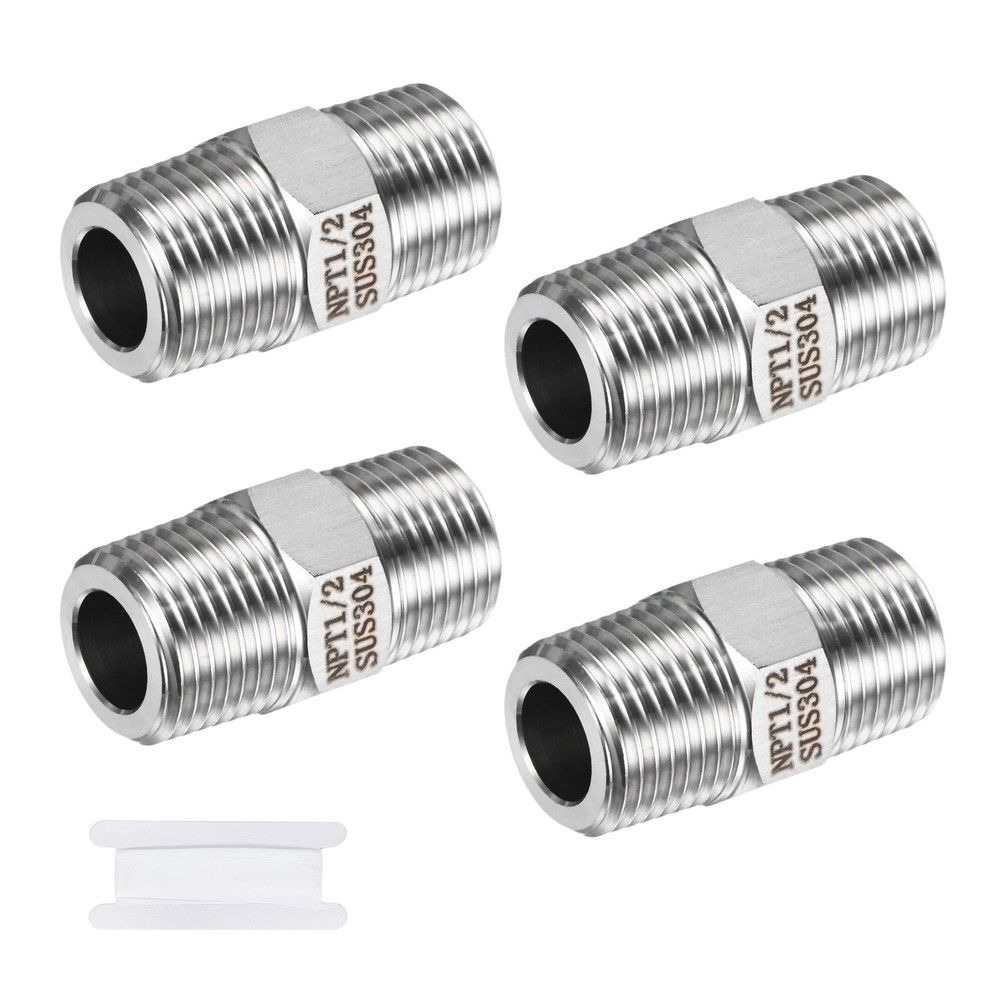 4-Pack 304 Stainless Steel 1/2″ NPT Male x 1/2″ NPT Male Hex Nipple Pipe Fitting
