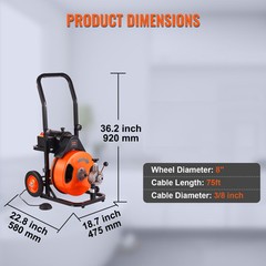 VEVOR Drain Cleaner Machine Electric Drain Auger 75 FT x 3/8 In Auto Feed