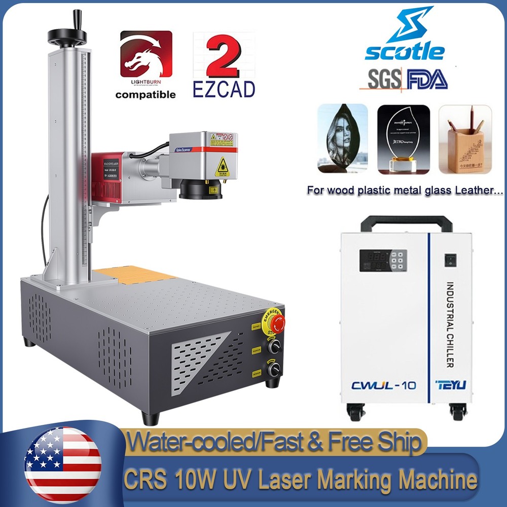 Scotle 10W UV Laser Marking Machine For Glass Wood Metal PVC Engraver & Chiller