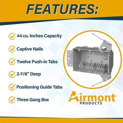 3-Gang Plastic Electrical Box, Grey Outlet Box, Three Gang New Work