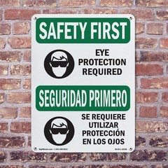 Eye Protection Required Bilingual OSHA SAFETY FIRST Sign Or Decal – 5 or 10 Pack