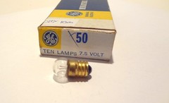 GE LAMPS # 50 BOX OF (10EA) 7.5VOLT, 1.65 WATT,.22 AMP MINIATURE SCREW BASE