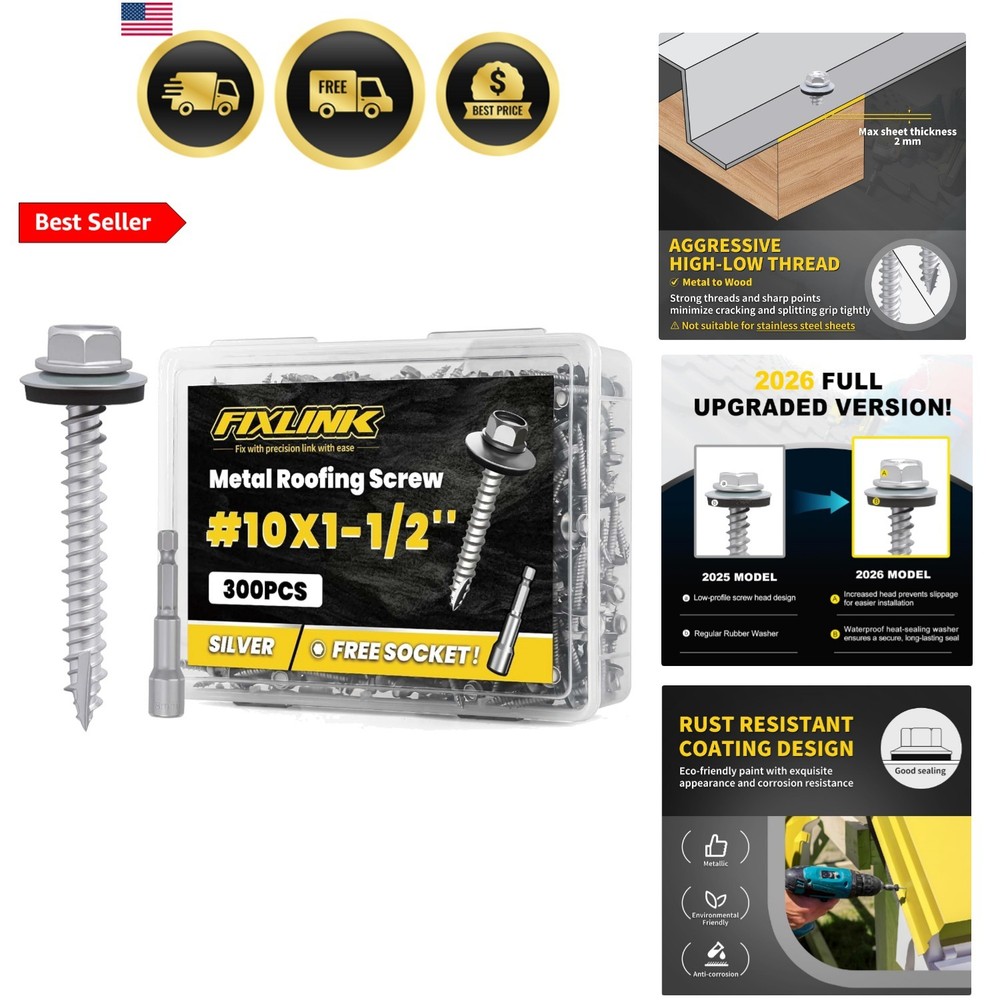 Metal Roofing Screws x 1-1/2″, 300 PCS, RUSPERT Hex Head Rubber Washer Sheet …