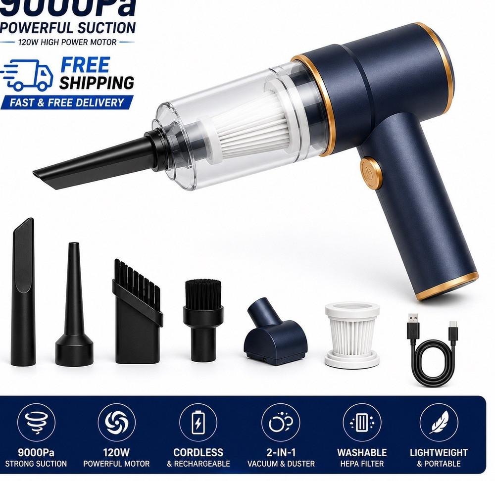 9000Pa 120W Cordless 2-in-1 Handheld Vacuum & Air Duster, Washable HEPA