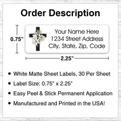 60 Return Address Labels Personalized Printed 3/4 x 2 1/4 Floral Cross