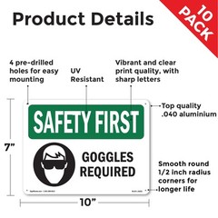 Goggles Required With Symbol OSHA SAFETY FIRST Sign Metal, Decal – 5 or 10 Pack