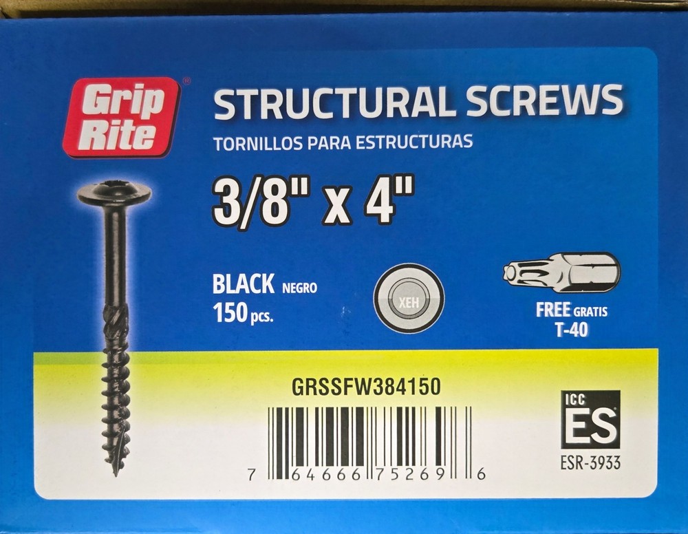 GRIP-RITE STRUCTURAL SCREW – 3/8″ X 4″ – 150 PC’S – GRSSFW384150