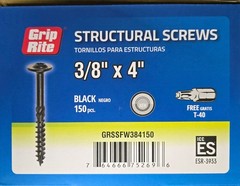 GRIP-RITE STRUCTURAL SCREW – 3/8″ X 4″ – 150 PC’S – GRSSFW384150
