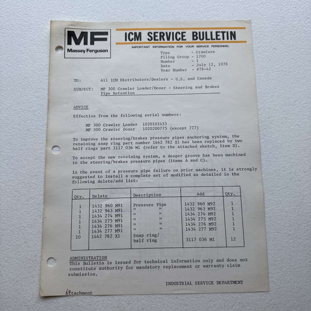 1978 Massey Ferguson MF 300 Crawler Loader/Dozer ICM Service Bulletin