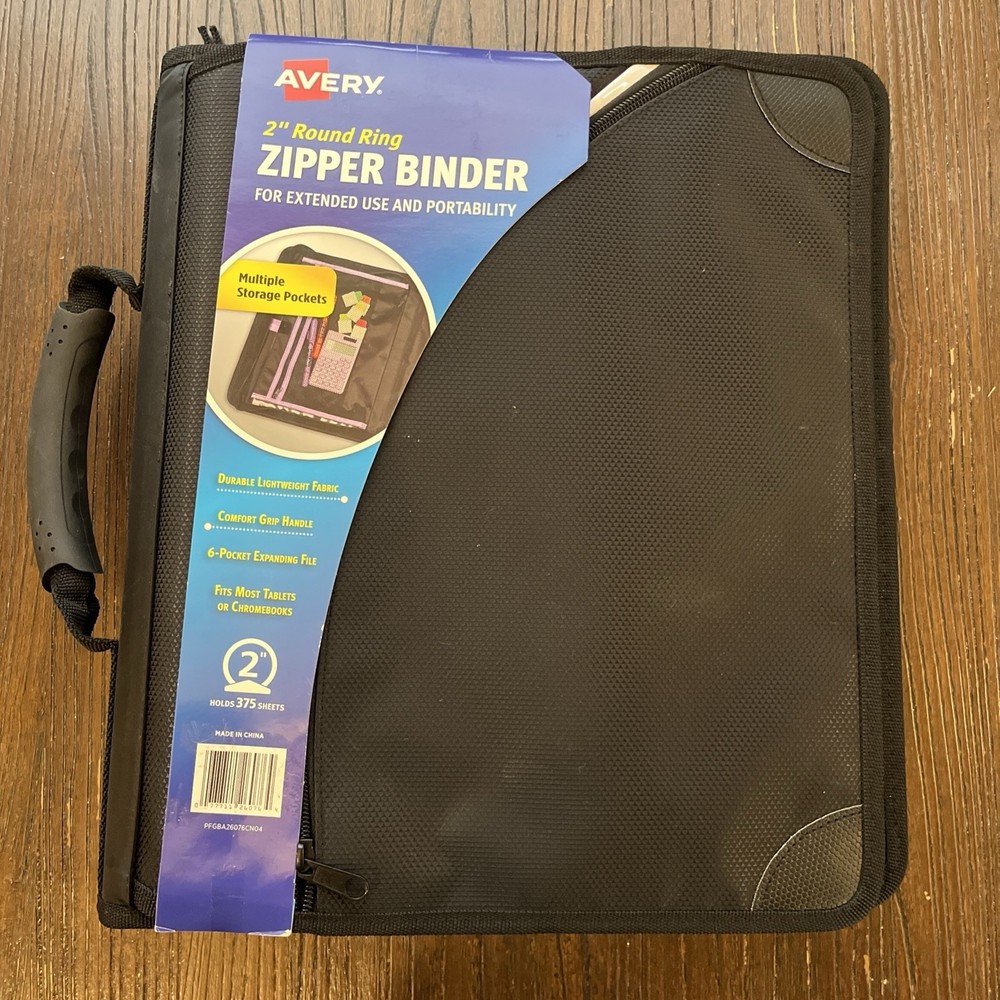 Avery Powercase Black Leatherette Zippered 3-Ring Binder Fabric Organizer NEW