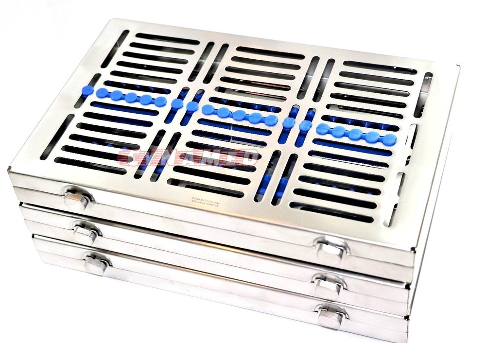 3GERMAN DENTAL AUTOCLAVE STERILIZATION CASSETTE TRAY INSTRUMENT 11.25X7.25X1.25″
