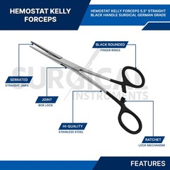 BLACK – 6 Pcs Kelly Hemostat Forceps 5.5″ Straight Surgical Dental German Grade