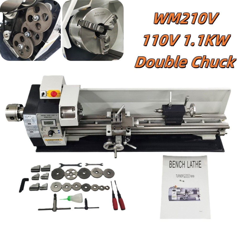 110V 1.1KW Double Chuck WM210V Precision Instrument Metal Bench Lathe 8″*32″