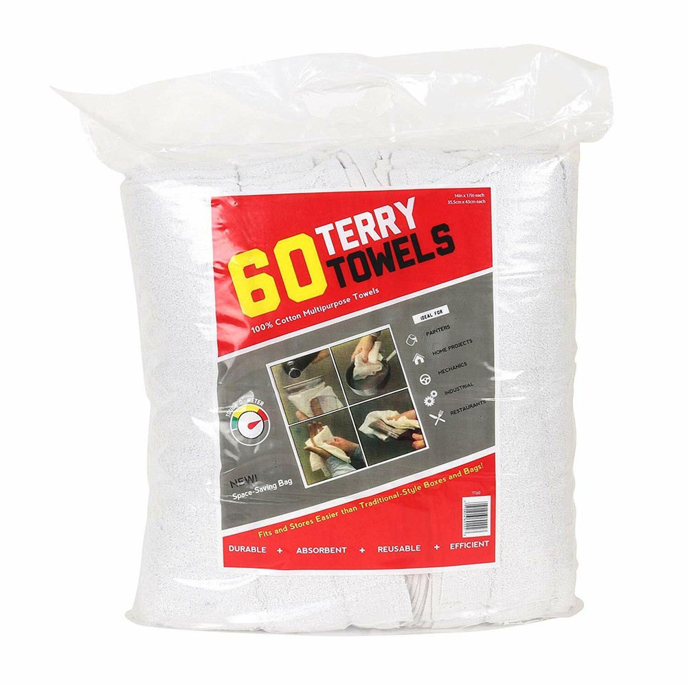Bulk 60 Pack of Terry Towels – All Purpose Cleaning Grade Rags – 14 x 17 White