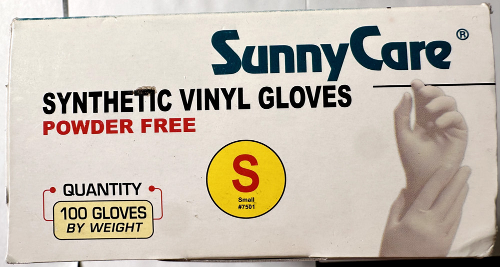 100 SunnyCare #7501 Synthetic Vinyl Gloves Powder Free (Latex/DOP Free) – S