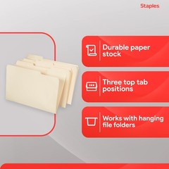 Staples Recycled File Folders, Legal Size, 1/3‑Cut Tabs, 100 Pack, Manila