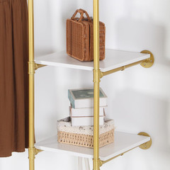 Gold Industrial Pipe Clothing Rack with Shelves – 4 Tier Steampunk Design